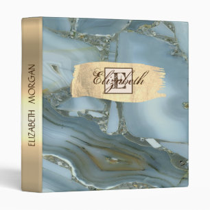 Cool Marble,Gold Brush Stroke, Monogram 3 Ring Binder