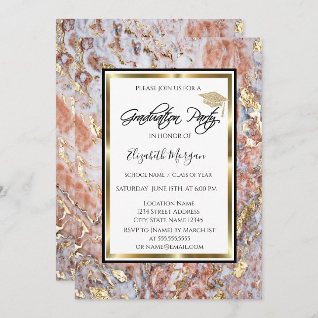 Cool Marble Gold Glitter Graduation Cap Graduation Invitation (Front/Back)