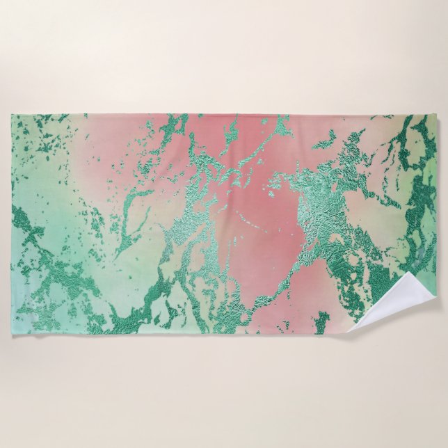 Cool Marble | Lovely Pastel Coral and Green Ombre Beach Towel (Front)