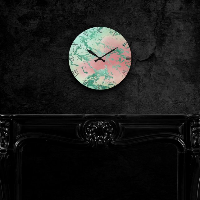Cool Marble | Lovely Pastel Coral and Green Ombre Round Clock (Creator Uploaded)