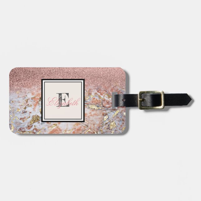 Cool Marble Ombre Glitter Monogram-Personalized Luggage Tag (Front Horizontal)