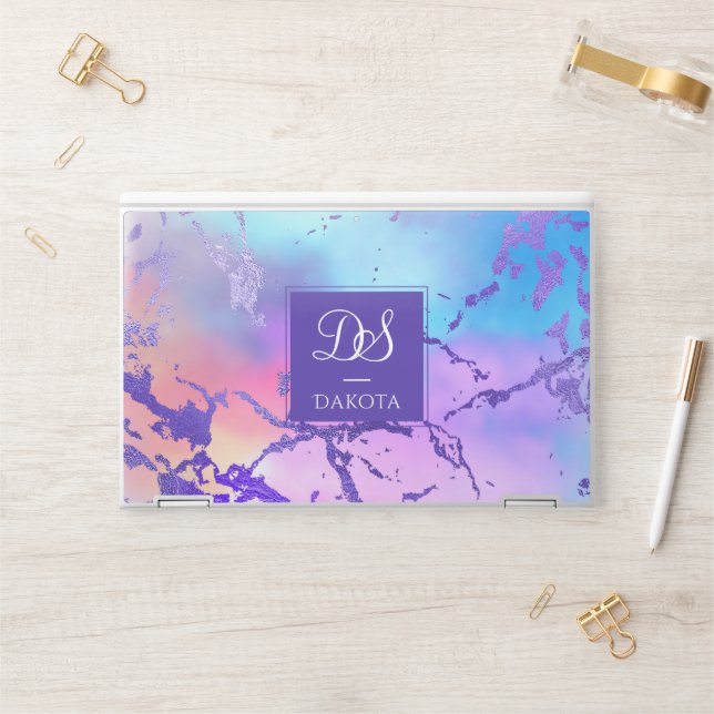 Cool Marble | Pastel Purple Blue Pink Monogram HP Laptop Skin (Desk)