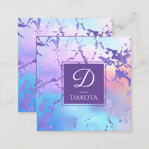 Cool Marble  Pastel Purple Blue Pink Monogram Square Business Card