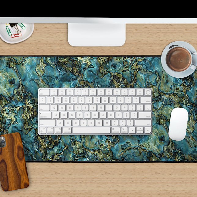 Cool Marbled Teal Turquoise Gold Agate Art Pattern Desk Mat (Creator Uploaded)