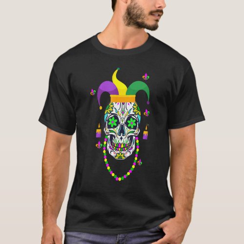 Cool Mardi Gras Skull Jester Hat Masked Beads 3 T_Shirt