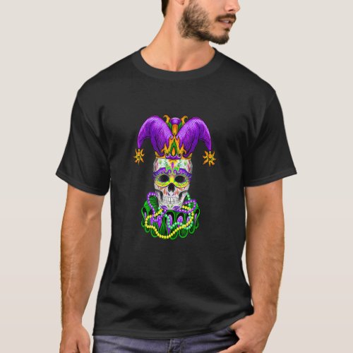Cool Mardi Gras Skull Jester Hat Masked Beads T_Shirt
