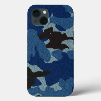 Cool Masculine Faux Cloth Blue Camo Military Tough iPhone 13 Case