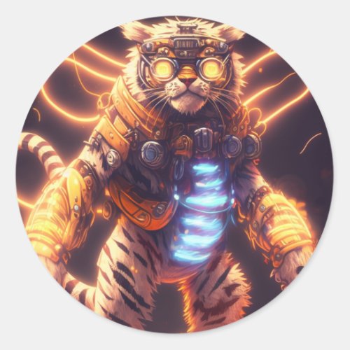 Cool Mecha Tiger with Cyborg Steampunk Style Classic Round Sticker