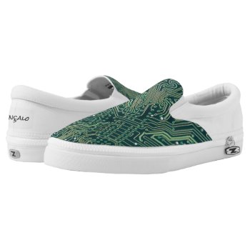 Cool Mens Green Funky Motherboard Circuit Name Slip-on Sneakers by red_dress at Zazzle