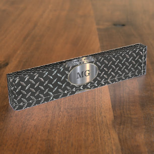 Cool Men's Monogram SIlver Metallic Look Office Desk Name Plate