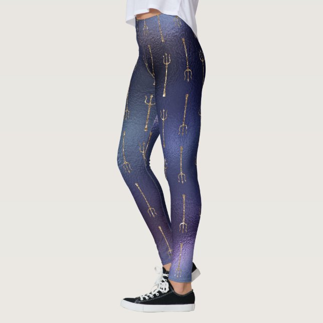 cool mermaid glitter blue gold trident unicorn leggings (Left)