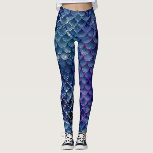 cool mermaid glitter chic blue fish like pattern leggings