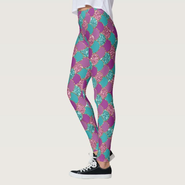 cool mermaid glitter unicorn pattern fuchsia pink leggings (Left)