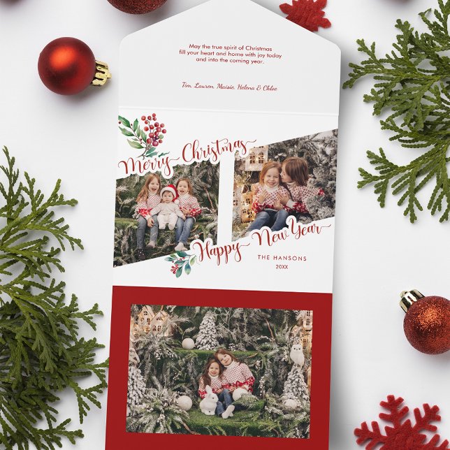 Cool Merry Christmas Calligraphy Holly 2-Photo  All In One Invitation (Creator Uploaded)