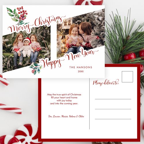 Cool Merry Christmas Calligraphy Holly 2_Photo  Holiday Postcard