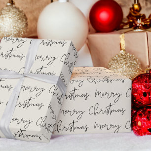 Cool Merry Christmas script font beige pattern Wrapping Paper