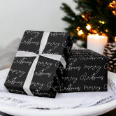 Simple Christmas Pine Tree Merry & Bright, Black Wrapping Paper