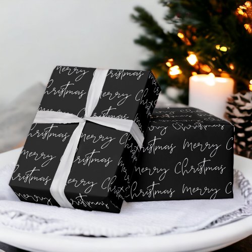 Cool Merry Christmas script font black pattern Wrapping Paper
