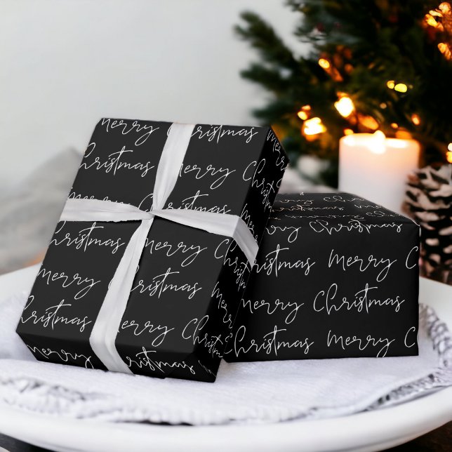 Cool Merry Christmas script font black pattern Wrapping Paper (Cool Merry Christmas script font black pattern Wrapping Paper)