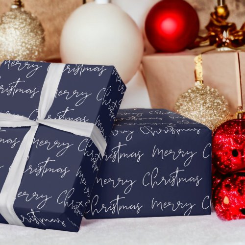 Cool Merry Christmas script font  blue pattern Wrapping Paper