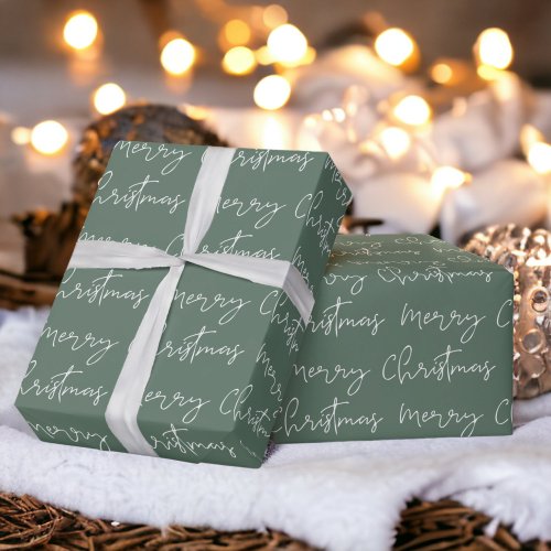 Cool Merry Christmas script font green pattern Wrapping Paper