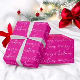 Cool Merry Christmas script font pink pattern Wrapping Paper