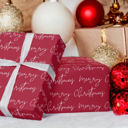 Cool Merry Christmas script font white red pattern Wrapping Paper