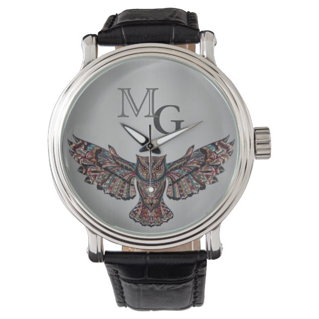 Cool Metalized Owl Art on Silver Monogrammed Watch (Front)