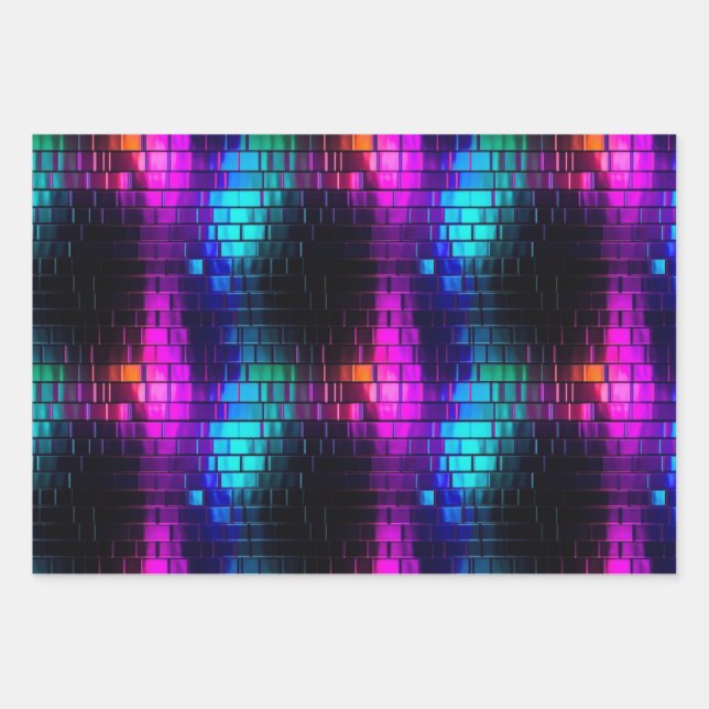 Cool Metallic Magenta Cyan Vaporwave Tile Pattern Wrapping Paper Sheets (Front)