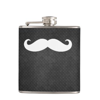 Cool Metallic Steel Look With Funny White Mustache Flask by UrHomeNeeds at Zazzle