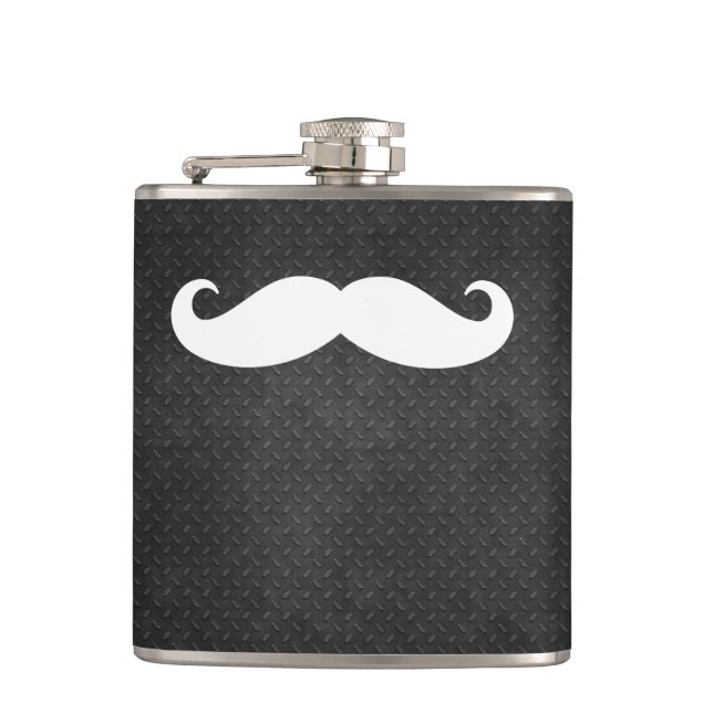 Cool Metallic Steel Look with Funny White Mustache Flask (Front)