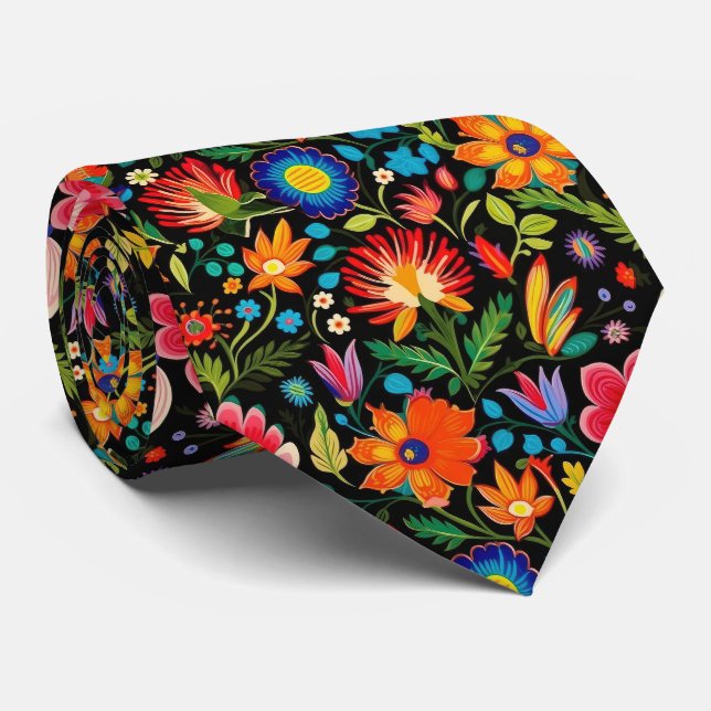 Cool Mexican fiesta flower tiled pattern Neck Tie (Rolled)