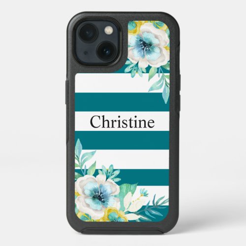 Cool Mint Floral Watercolor Stripes iPhone 13 Case