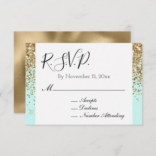 Cool Mint Gold Glitzy Glitter Wedding RSVP Enclosure Card