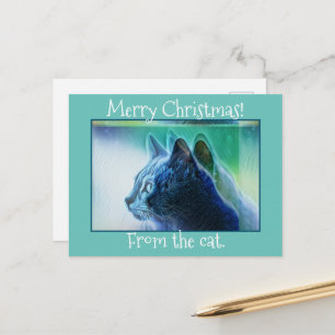 Cool Mint Green Cat Art Merry Christmas Holiday Postcard
