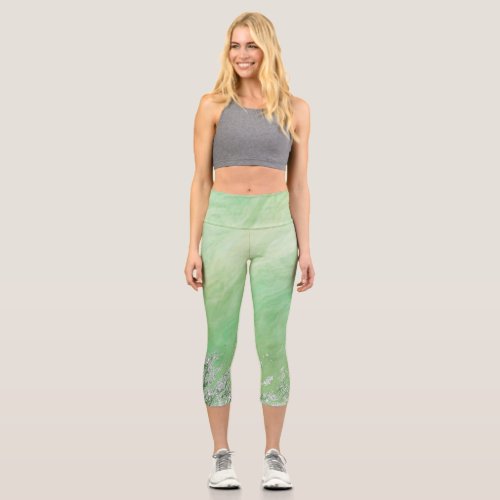 Cool Mint Green Watercolor Swirl And Glitter Yoga Capri Leggings