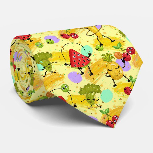 Cool mixed fruit and vegetables tiled pattern neck tie (Rolled)