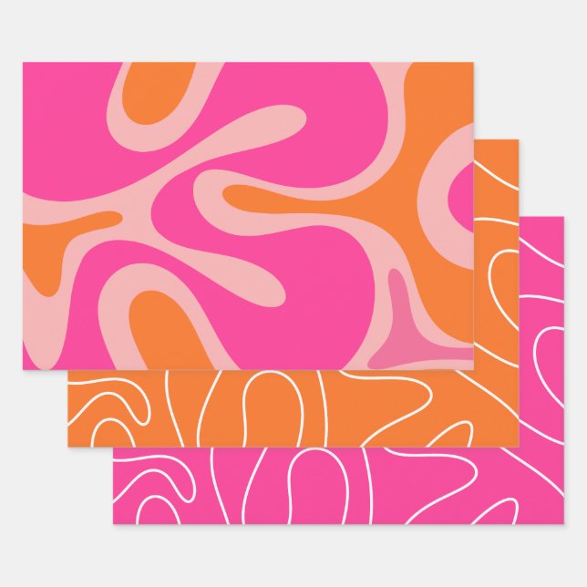 Cool Modern Abstract Patterns in Hot Pink & Orange Wrapping Paper Sheets (Set)