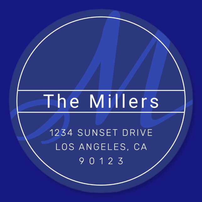 Cool Modern Address Navy & Royal Blue with White Classic Round Sticker (Creator Uploaded)