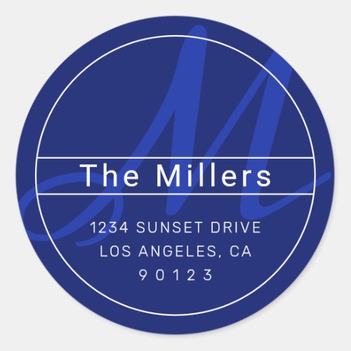 Cool Modern Address Navy  Royal Blue with White Classic Round Sticker