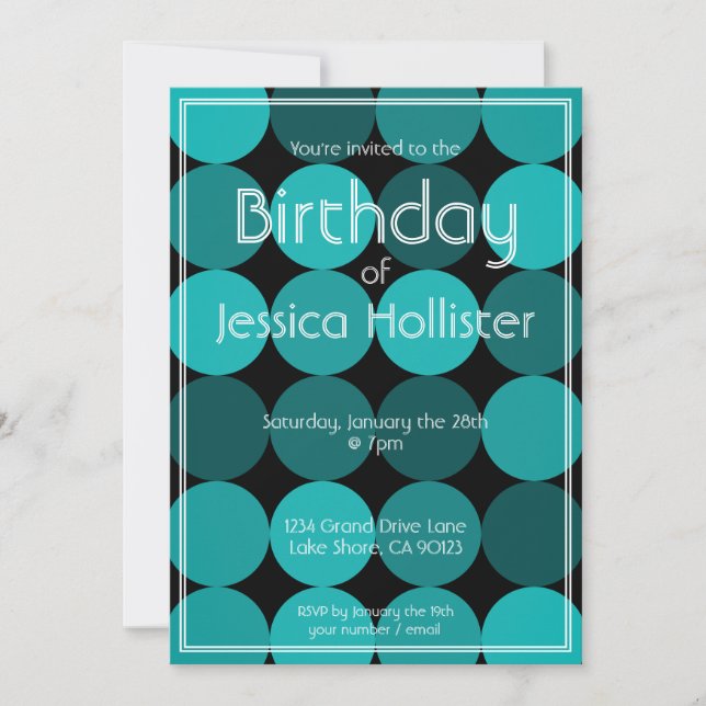 Cool Modern Birthday Invitation | Aqua Blue/Black (Front)