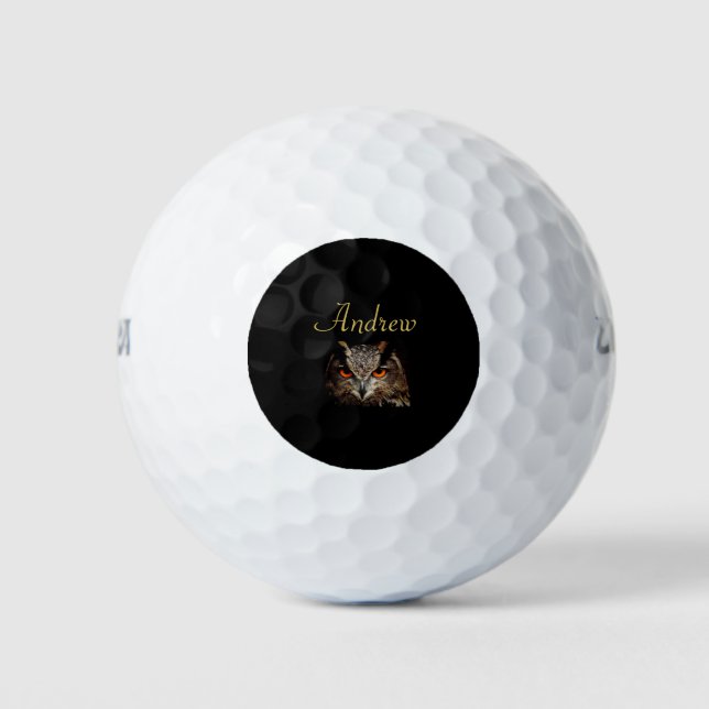Cool Modern Black and Gold Fierce Owl Golf Balls (Front)