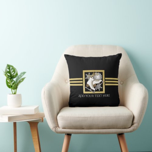 Cool Modern Black and Gold Glitter Ice Skating Throw Pillow