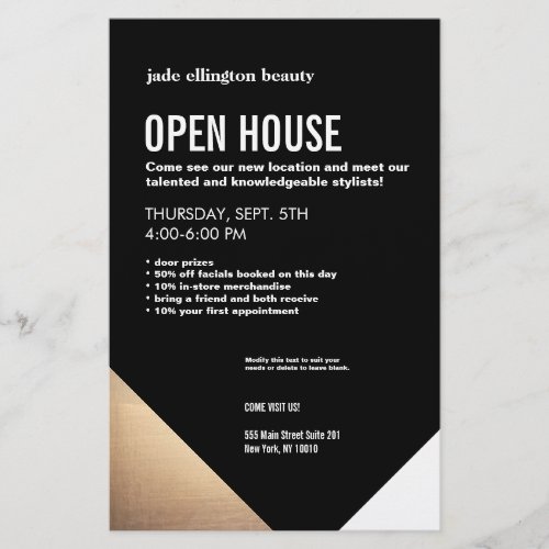 Cool Modern Black and Gold Hair Salon Open House Flyer