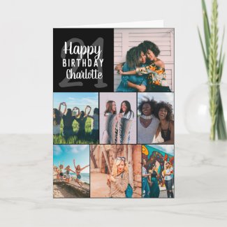Cool modern black photos collage grid 21 birthday card