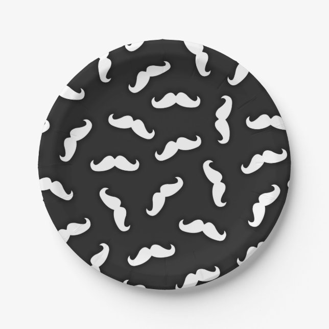 Cool Modern Black White Mustache Pattern Paper Plates (Front)