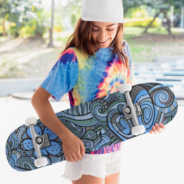 Cool Modern Blue Abstract Floral Pattern Skateboard (Creator Uploaded)