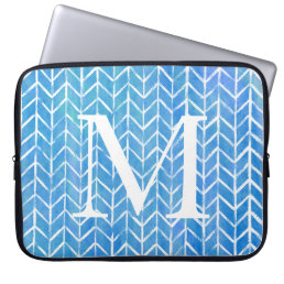 Cool Modern Blue Chevron Monogram Initial Laptop Sleeve