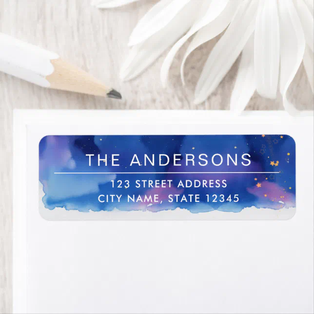 Cool Modern Blue Minimal Starry Night Watercolor Label | Zazzle