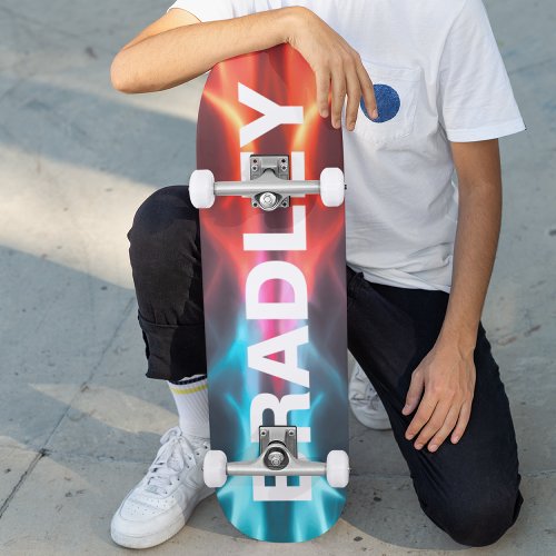 Cool Modern Blue Red Fire Trendy Custom Name Skateboard